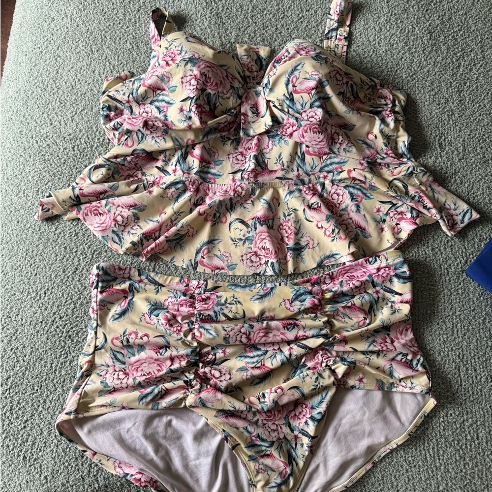 Torrid Pink and butter yellow midkini with Peplum Ruffle